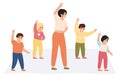 Teacher and kids exercising. Preschool teacher doing gymnastics together with pupils isolated vector illustration