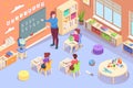 Teacher, kids learn numbers isometric kindergarten