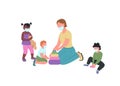 Teacher and kids in medical mask play together flat color vector faceless characters Royalty Free Stock Photo