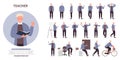 Teacher or man professor work pose set, teaching, front side and back view postures