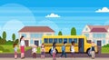Teacher With Mix Race Pupils Walking In Yellow School Bus Pupils Transport Concept Residential Suburban Street Landscape