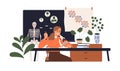 Teacher of natural science in biology class room. Professor at table with microscope, skeleton in school classroom Royalty Free Stock Photo