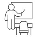 Teacher near blackboard and desk thin line icon, school concept, teacher with pointer and board sign on white background Royalty Free Stock Photo