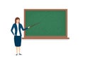 Teacher near the class blackboard. School teacher in classroom pointing on the green blackboard. Woman professor for study. Royalty Free Stock Photo