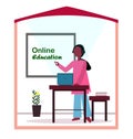 Teacher in online classroom education happily teaching from home worldwide.