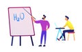 Teacher pointing to board with water formula and student with laptop vector illustration.