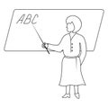 The teacher points to the blackboard with a pointer, the woman teaches schoolchildren the alphabet