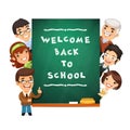 Teacher Points to the Blackboard with Welcome Back