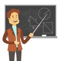 Teacher, professor standing in front of blank school blackboard vector illustration. School male teacher near blackboard Royalty Free Stock Photo