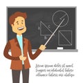 Teacher, professor standing in front of blank school blackboard vector illustration. School male teacher near blackboard Royalty Free Stock Photo