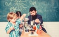 Teacher and pupils with test tubes in classroom. Interesting school classes. School education. School chemistry