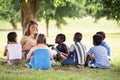 Teacher reading book to elementary students