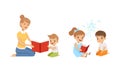 Teacher Reading Book to Kids, Boy and Girl Sitting on Floor and Reading Fairytale Cartoon Vector Illustration Royalty Free Stock Photo