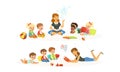 Teacher Reading Book to Kids in Kindergarten, Children Listening to Fairy Tale in Classroom at Primary School Cartoon Royalty Free Stock Photo