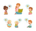 Teacher reading books to kids set. Cute little boys and girls with emojis in speech bubbles over of their heads cartoon Royalty Free Stock Photo