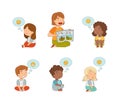 Teacher reading fairytale fantasy books to kids set. Little boys and girls with emojis in speech bubbles over of their Royalty Free Stock Photo