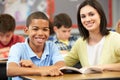 Teacher Reading With Male Pupil In Class