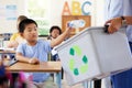 Teacher, recycle bin and kid in classroom throwing trash for cleaning, climate change or eco friendly in school