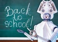 Teacher robot with artificial intelligence in school class blackboard. Royalty Free Stock Photo