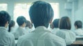 A teacher's back view with rows of students in uniforms facing a blackboard.. AI generated Royalty Free Stock Photo