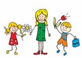 Celebration card, Teacher\'s day, woman and girl and boy with flowers, eps. Royalty Free Stock Photo