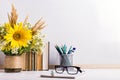 Teacher`s day holiday greeting icon. Education knowledge concept. Wooden chalk board frame and vase bouquet on table empty copy