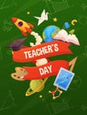 Teacher day vector background. Cartoon school elements on backboard.