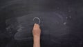 The teacher`s hand draws a question mark on the chalkboard