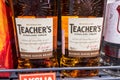 Teacher`s Highland Cream Whisky logo on some bottles for sale. Teachers is a brand of Scotch Whisky