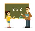 Teacher and school girl near blackboard in flat style Royalty Free Stock Photo