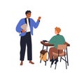 Teacher and school student. Communication, education, learning concept. Man teaching, explaining to schoolkid, boy sitting at desk Royalty Free Stock Photo
