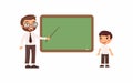 Teacher and schoolboy at classroom flat vector illustration. Male tutor and pupil standing near empty chalkboard