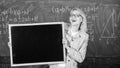 Teacher show school advertisement. Place for school news. School schedule and extra classes. Teacher woman hold