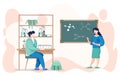 Teacher show student sitting at desk chemical bonds at board in classroom, flat vector illustration