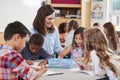 Teacher sitting at table with young school kids in lesson Royalty Free Stock Photo