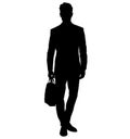 Teacher in sports jacket with a business briefcase, laptop bag in hand. An attractive man in a men`s business slim suit. silhouett