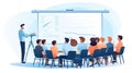 A teacher standing in front of a whiteboard explaining a concept to a classroom full of students