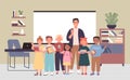 Teacher standing with kid school pupils, cartoon man character teaching group of children classmates