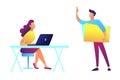 Teacher standing and pointing and student sitting at the desks vector illustration.