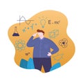 Teacher Standing with Symbol Formula of Mathematics Physics Chemistry Flat Illustration