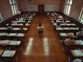 Teacher stands in front of students sitting at desks Royalty Free Stock Photo