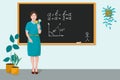 A teacher stands near the blackboard in the classroom and teaches a math lesson. Vector illustration. The concept of Royalty Free Stock Photo