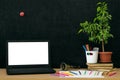 Education background. Back to school concept. Laptop with blank screen on the table. Royalty Free Stock Photo