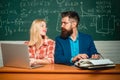 Teacher and student - good learning. Concentrated students following explanations of teacher in class. Teacher Royalty Free Stock Photo