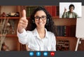 Teacher and student having online conference, showing thumb up Royalty Free Stock Photo