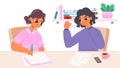 Teacher and student. Study at home, tutor teaching young girl teenager. Tired mother and daughter doing school homework Royalty Free Stock Photo