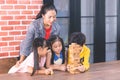 Teacher students are building toy block tower Royalty Free Stock Photo