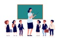 Teacher and students. Elementary school pupils. Young lady near chalkboard and preschool or primary class boys girls Royalty Free Stock Photo