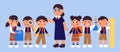 Teacher with students. Happy school student, children in uniform and woman. Preschool kids, cute college boys girls