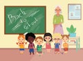 Teacher and students vector characters in front of classroom with chalk board at the back with back to school written